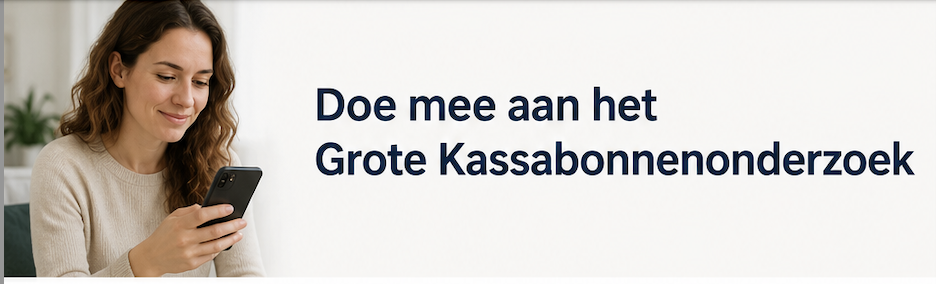 Vrouw met telefoon: doe mee aan het Grote Kassabonnenonderzoek